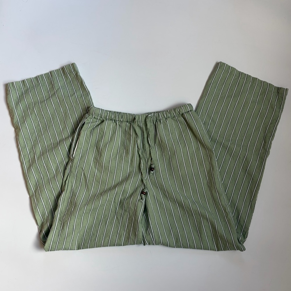 Zara Green Striped Linen Blend Wide Leg Pants High Rise XS
